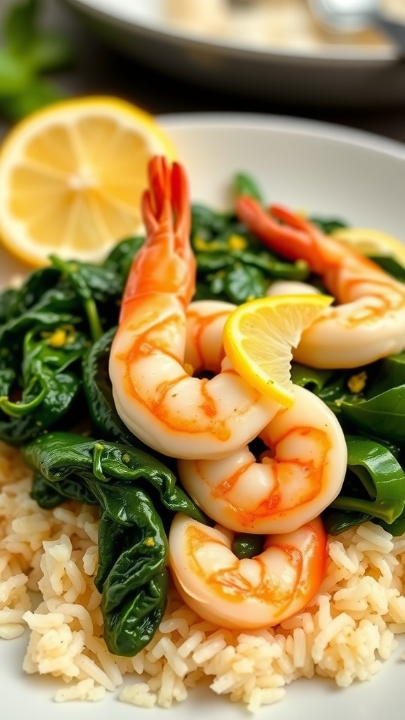 A plate of lemon garlic shrimp served on spinach and rice.