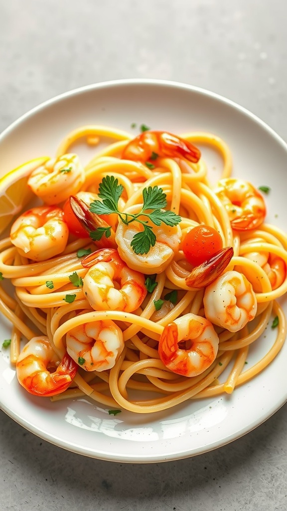 A plate of lemon garlic shrimp linguine with fresh parsley and lemon slices.