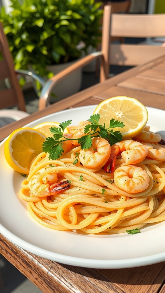 A plate of Lemon Garlic Shrimp Linguine with lemon slices and parsley.