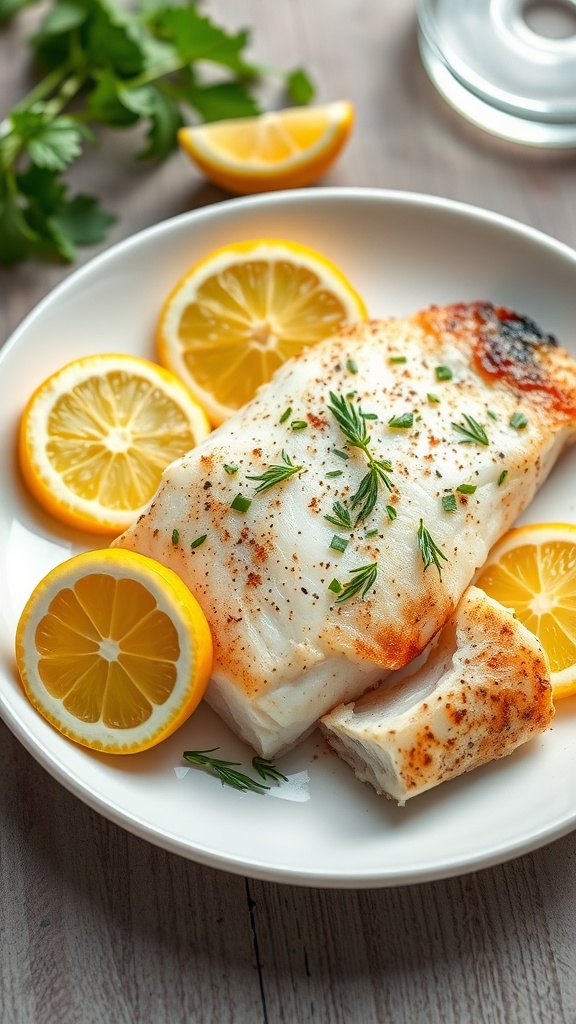 Plate of lemon herb baked cod with lemon slices