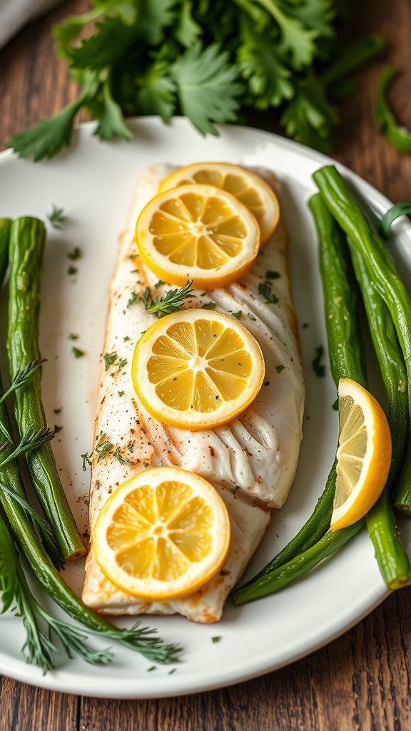 Plate of Lemon Herb Baked Cod with green beans and lemon slices