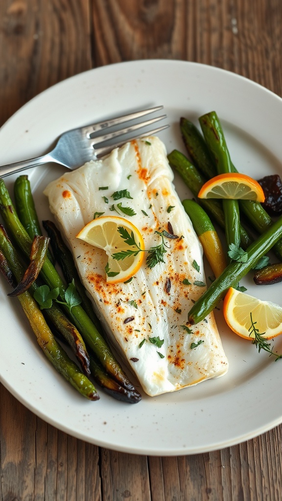 Lemon Herb Baked Cod with Garlic served with green vegetables
