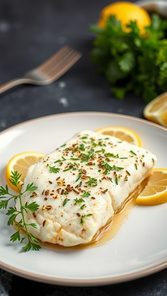 Delicious baked cod fillet garnished with herbs and lemon slices on a plate.