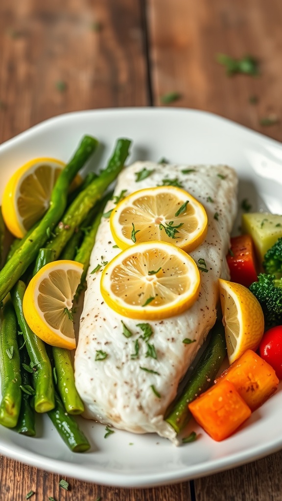 Plate of Lemon Herb Butter Baked Cod with lemon slices and green vegetables