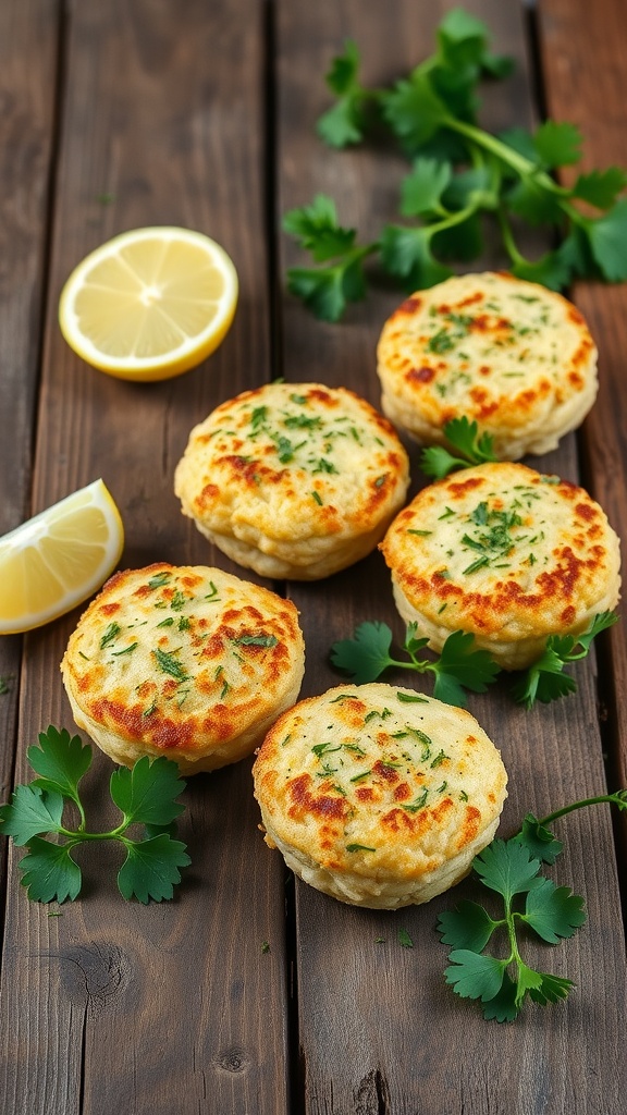 Delicious lemon herb crab cakes garnished with fresh herbs and lemon slices.
