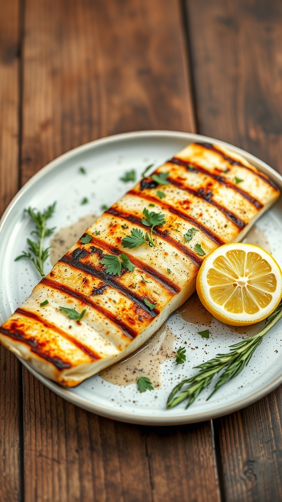 Grilled halibut fillets garnished with herbs and lemon slices