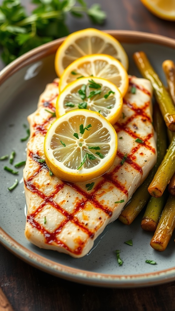 Grilled Mahi Mahi topped with lemon slices and herbs