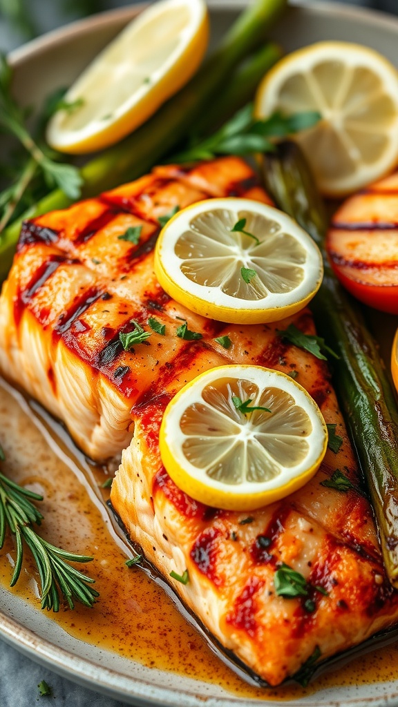 Grilled salmon with lemon slices and herbs
