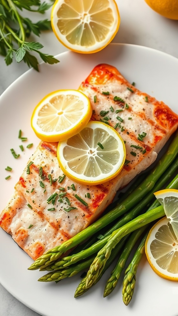 A plate of grilled salmon topped with lemon slices and herbs, served with asparagus.