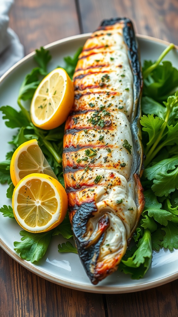 Grilled swordfish steaks garnished with lemon slices and herbs on a plate.