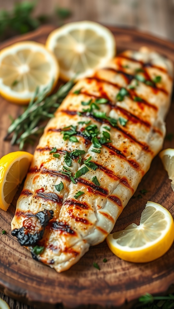 Grilled trout garnished with herbs and lemon slices