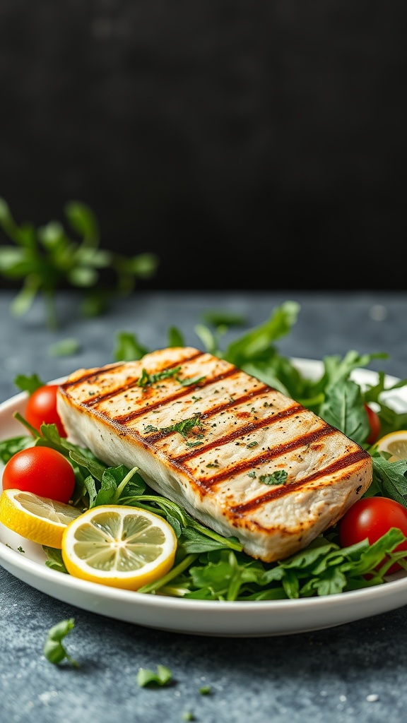 Grilled tuna steak served on a bed of arugula with lemon and cherry tomatoes.