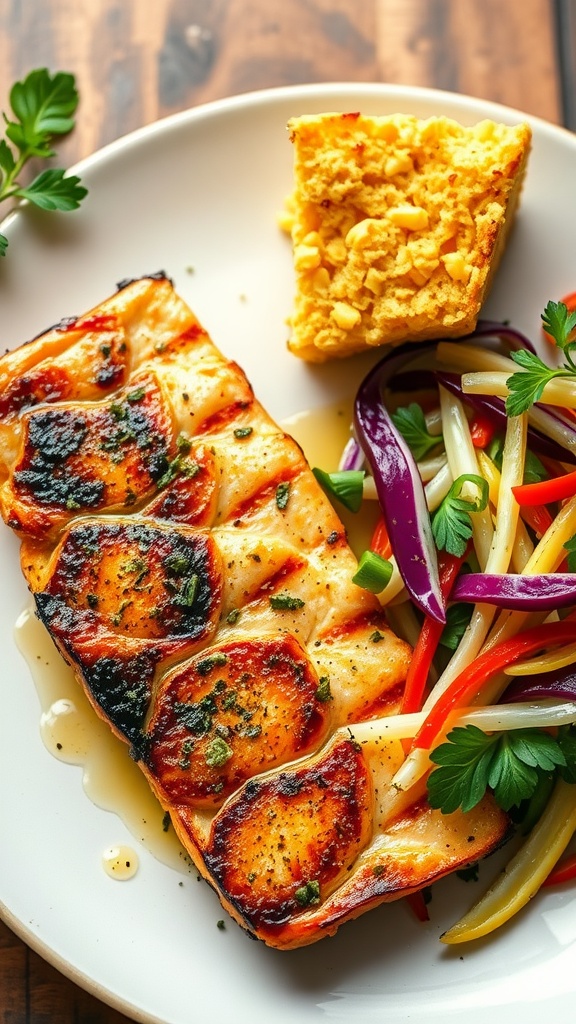 Grilled catfish with lemon herb marinade served with cornbread and vegetables