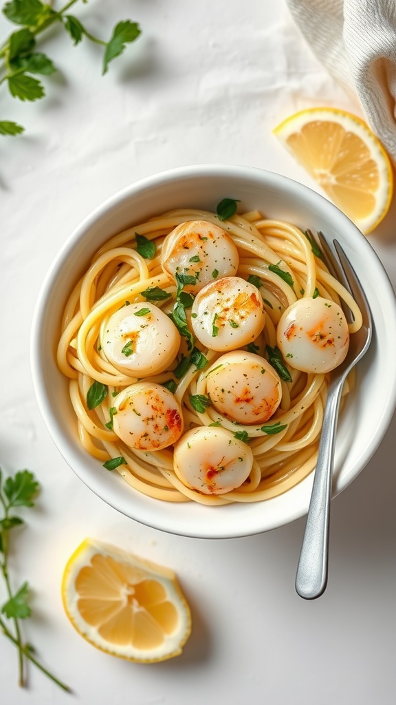 A bowl of lemon herb scallop pasta garnished with parsley and lemon slices.