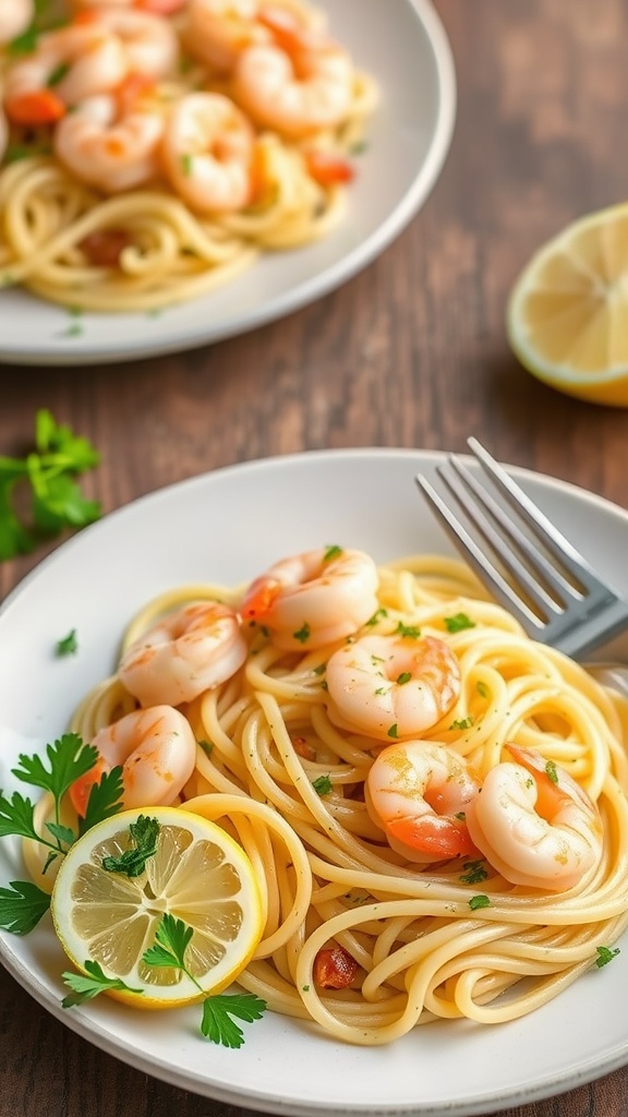 A bowl of lemon herb shrimp pasta garnished with parsley and lemon wedges.