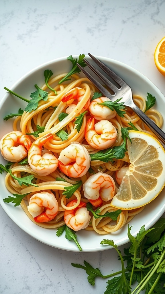 A bowl of lemon herb shrimp pasta garnished with arugula and lemon slices.