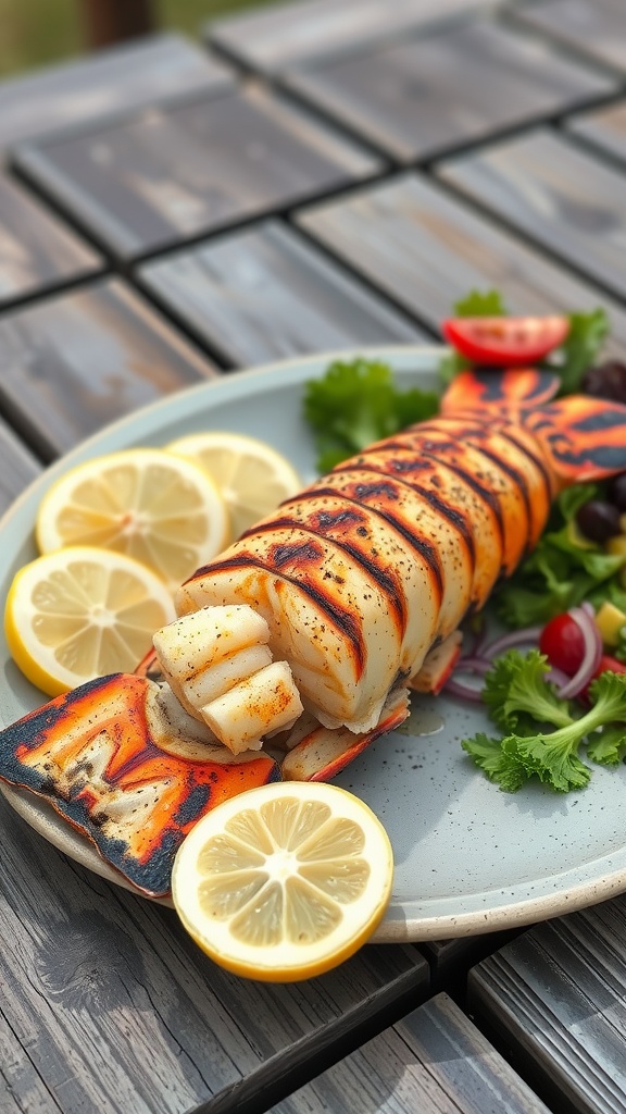 Grilled lobster tail with lemon and herbs on a plate