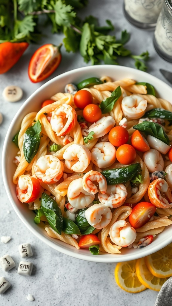 A light and creamy seafood pasta salad with shrimp, colorful vegetables, and a creamy dressing.