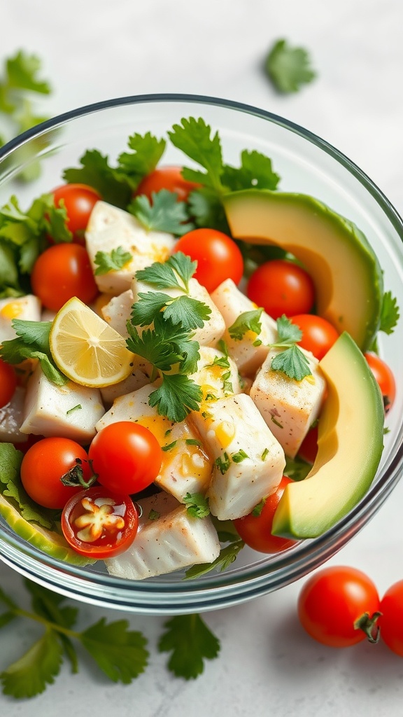 A vibrant lime cilantro fish salad with fish, tomatoes, avocado, and cilantro.