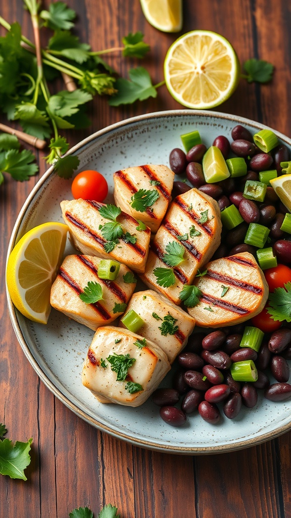 Grilled tuna with lime and cilantro served with black bean salad on a plate.