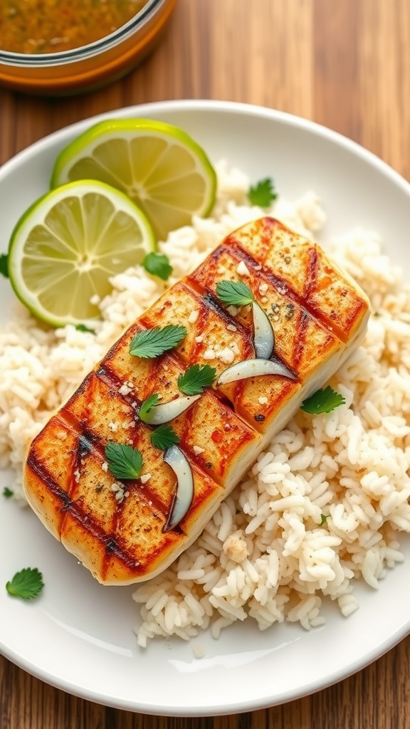 Grilled mahi mahi fillet with lime and coconut glaze served over rice with lime slices and garnished with cilantro.