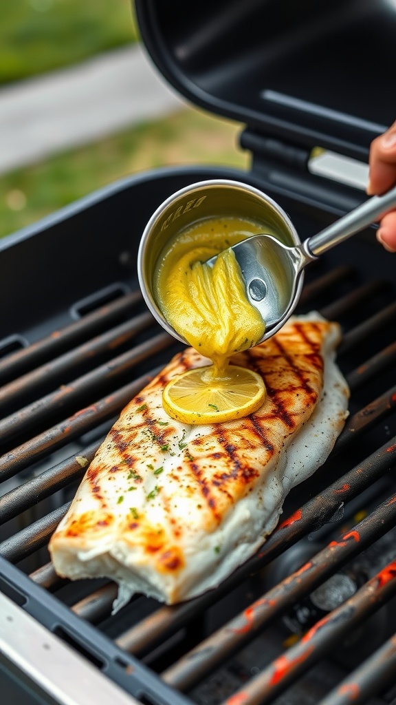Grilled sea bass being basted with lime zest and garlic butter on the grill.