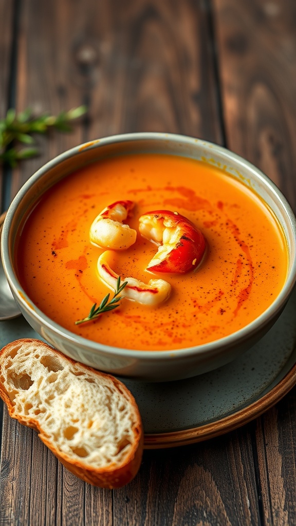 A bowl of lobster bisque garnished with lobster pieces and a sprig of thyme, served with crusty bread.