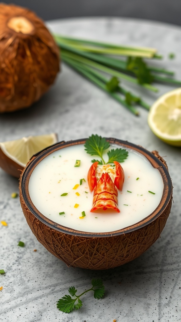 Creamy lobster bisque topped with lobster pieces and garnished with cilantro.