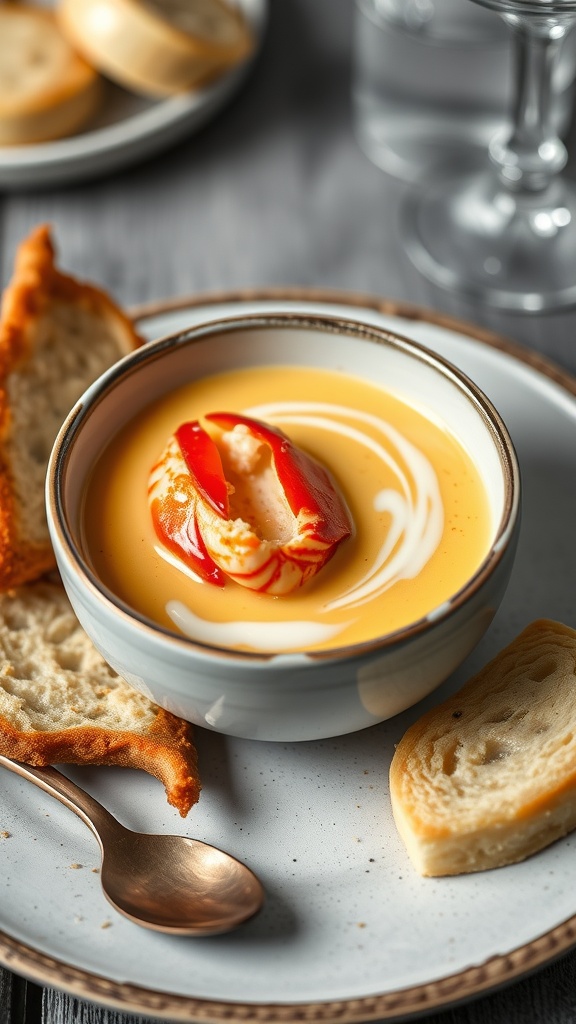 A bowl of creamy lobster bisque with leeks and fennel, garnished with lobster claw and fresh herbs.