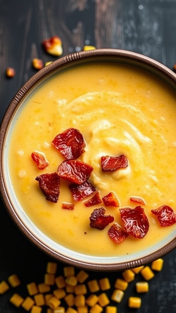 A bowl of rich Lobster Corn Bisque topped with crispy bacon.