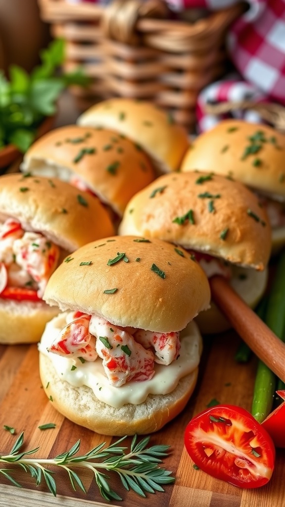 Lobster roll sliders with herb mayonnaise on a wooden tray