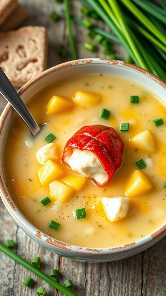 A bowl of creamy lobster chowder with corn and potatoes, garnished with chives.