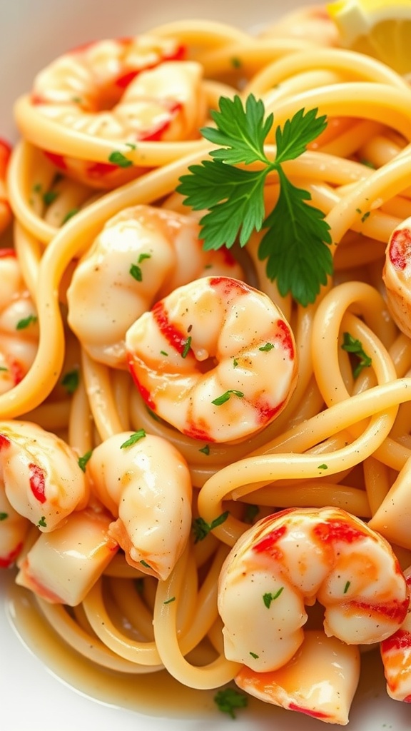A plate of pasta with lobster tail and herbs in a white wine sauce.
