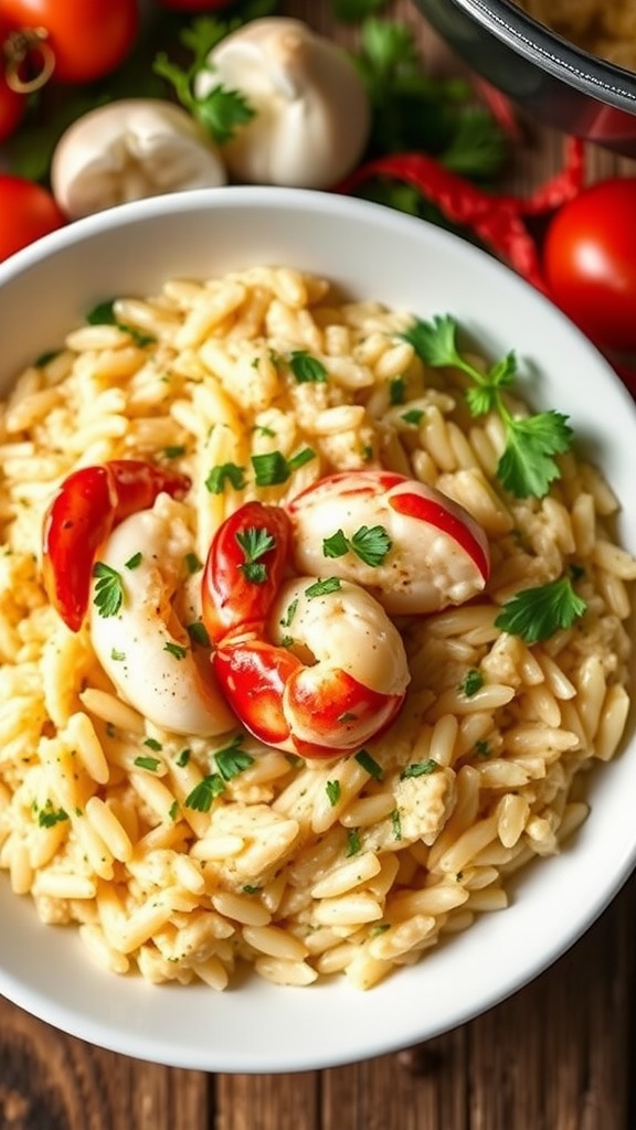 A delicious bowl of lobster tail risotto garnished with fresh herbs.