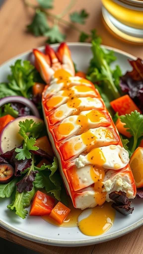 A fresh lobster tail salad with citrus vinaigrette served on a plate with mixed greens and colorful vegetables.