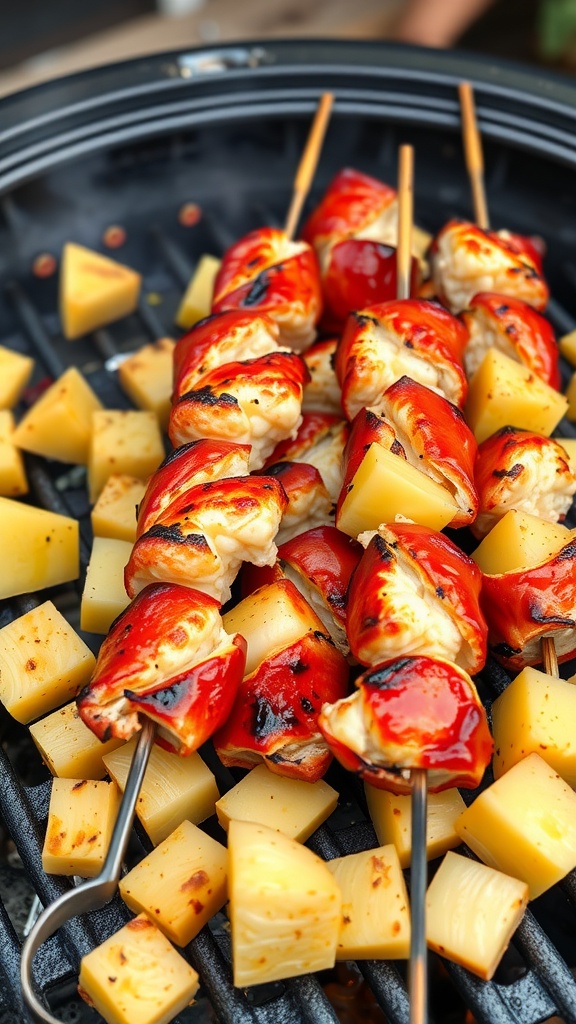 Lobster tail skewers with pineapple on a grill