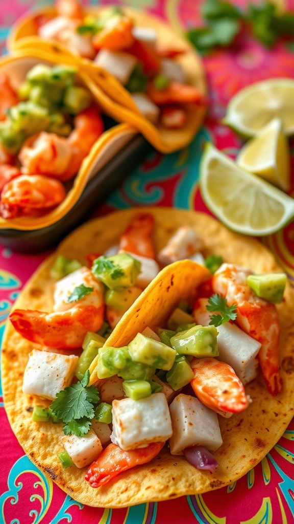 Delicious lobster tail tacos topped with fresh avocado salsa.