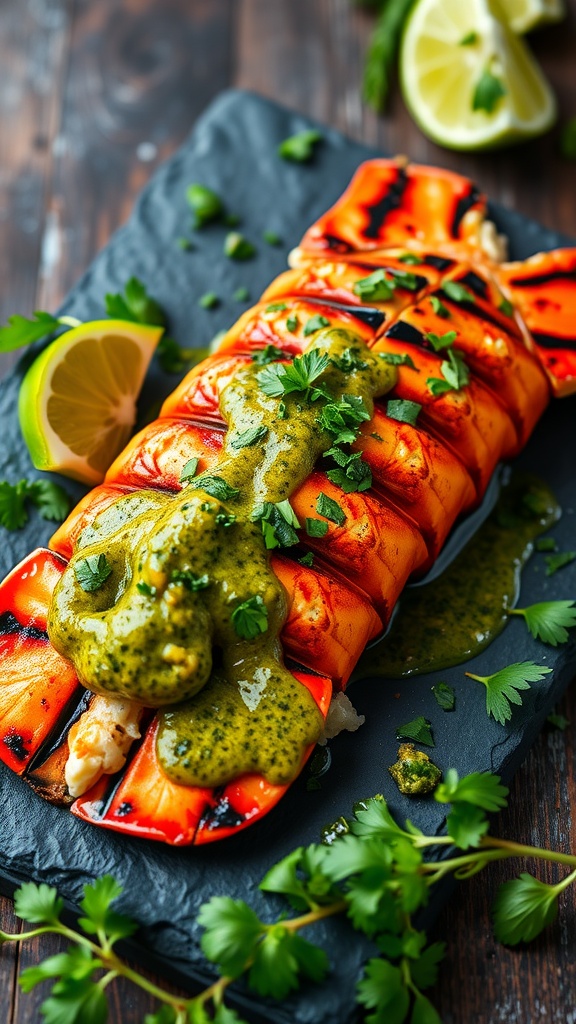 Grilled lobster tail served with herb chimichurri sauce on a black slate plate.