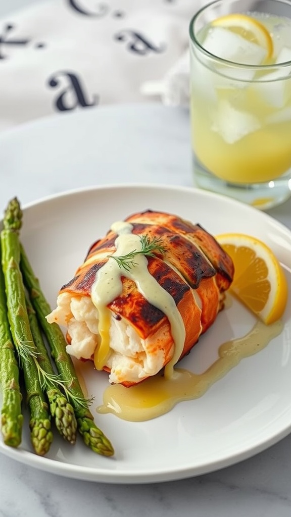 Grilled lobster tail with lemon dill sauce served with asparagus and a lemon wedge.