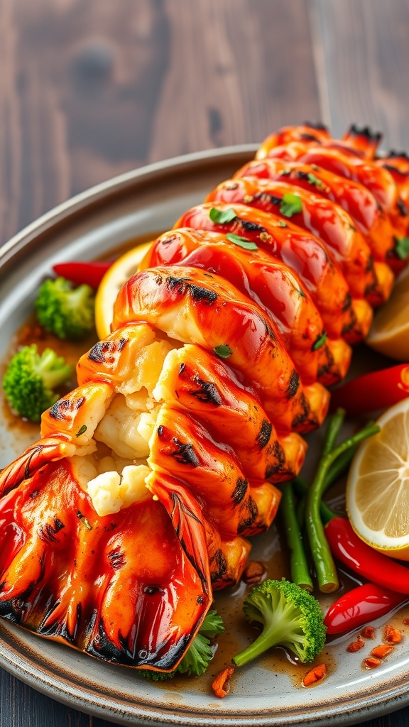 Grilled lobster tail with spicy garlic sauce, garnished with parsley and served with vegetables.