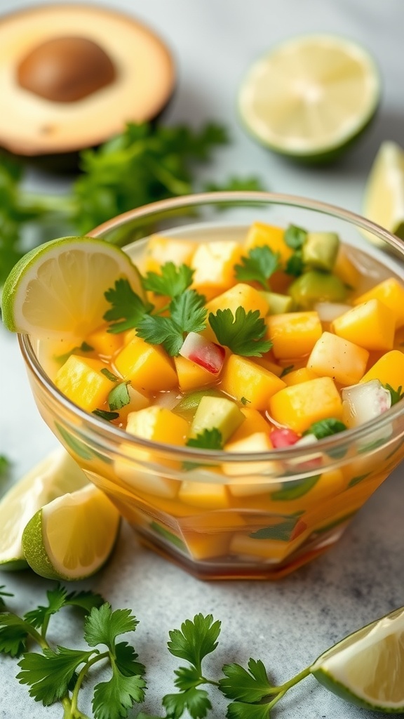 A vibrant bowl of Mango and Avocado Ceviche with fresh ingredients.