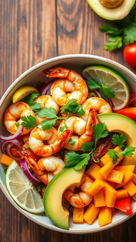 A colorful bowl of mango lime shrimp with fresh ingredients.