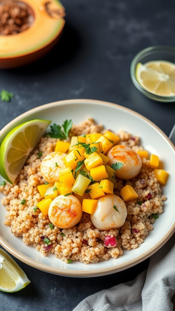 A bowl of quinoa topped with scallops and mango salsa, garnished with lime.