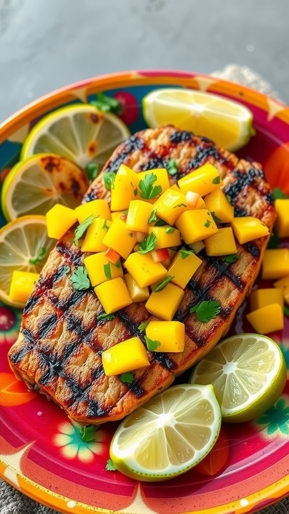 Grilled tuna steak topped with mango salsa and lime slices