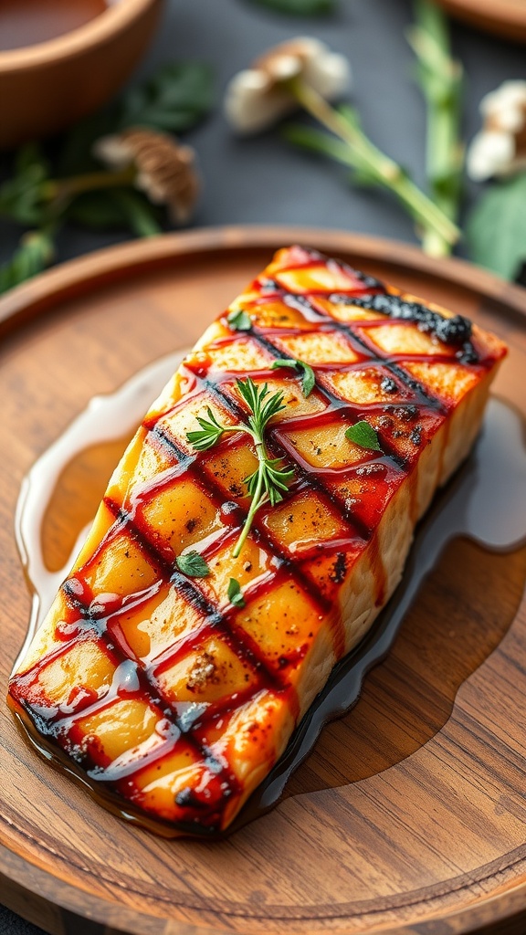 Delicious grilled salmon glazed with maple syrup on a wooden plate.