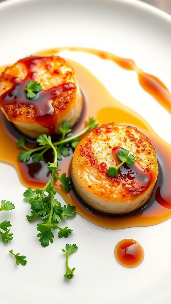 Maple glazed scallops garnished with herbs on a plate.