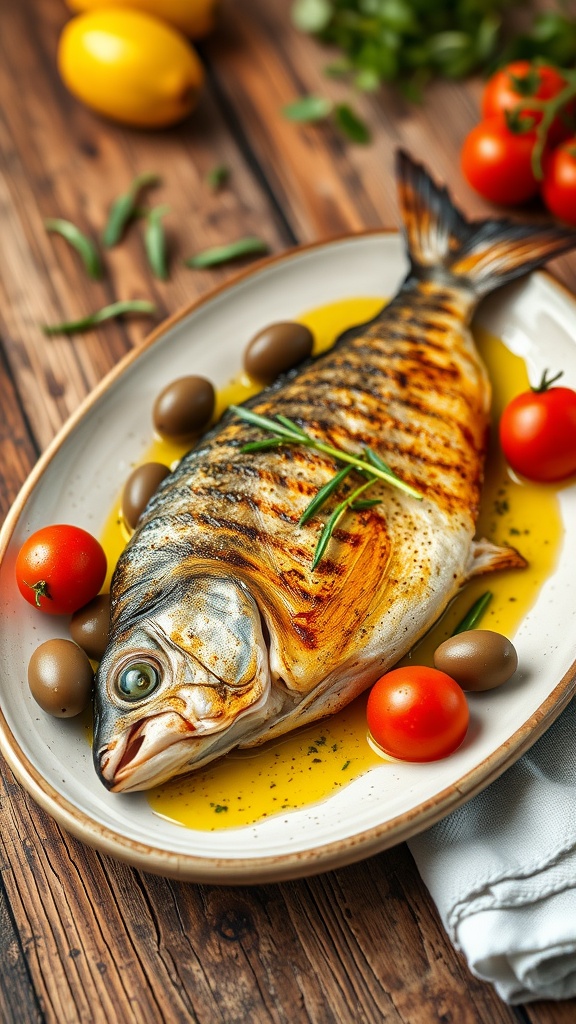 A beautifully grilled dorado fish served with fresh vegetables and garnishes.
