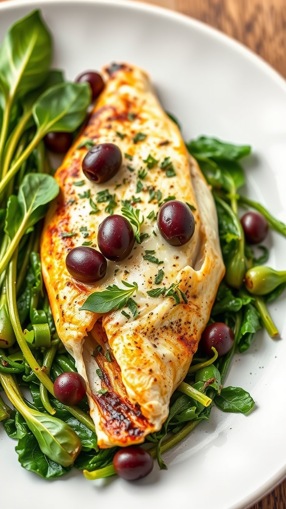 Baked trout with olives and greens.