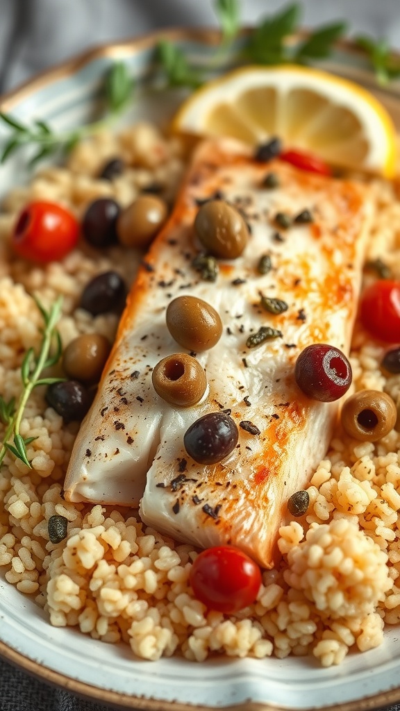 A delicious plate of Mediterranean catfish topped with olives and capers.