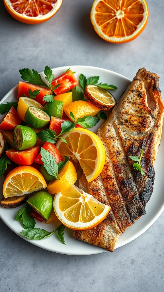 A colorful Mediterranean citrus salad with oranges, grapefruit, and fresh veggies.